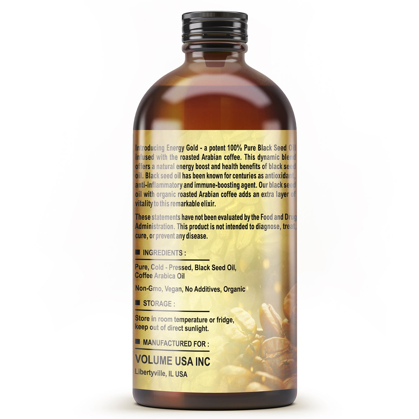 Energy Gold, 100% Pure Black Seed Oil Infused with Organic Coffee (8oz)