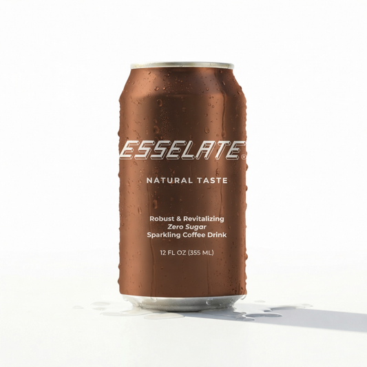 Copper-colored can of Esselate sparkling coffee drink on a white background