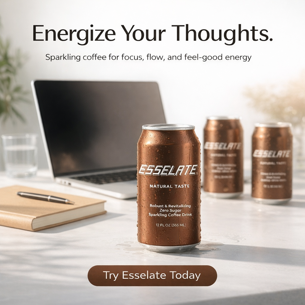 Esselate sparkling coffee cans on a desk with a laptop and notebook, promoting focus and energy.