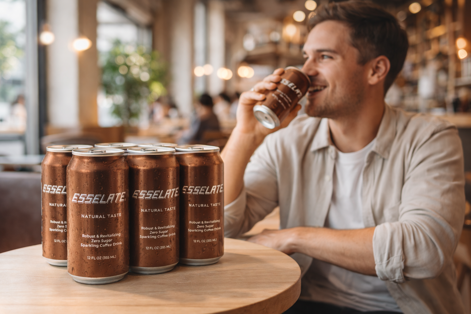 ESSELATE sparkling coffee drink — real coffee, 80mg caffeine, zero added sugar