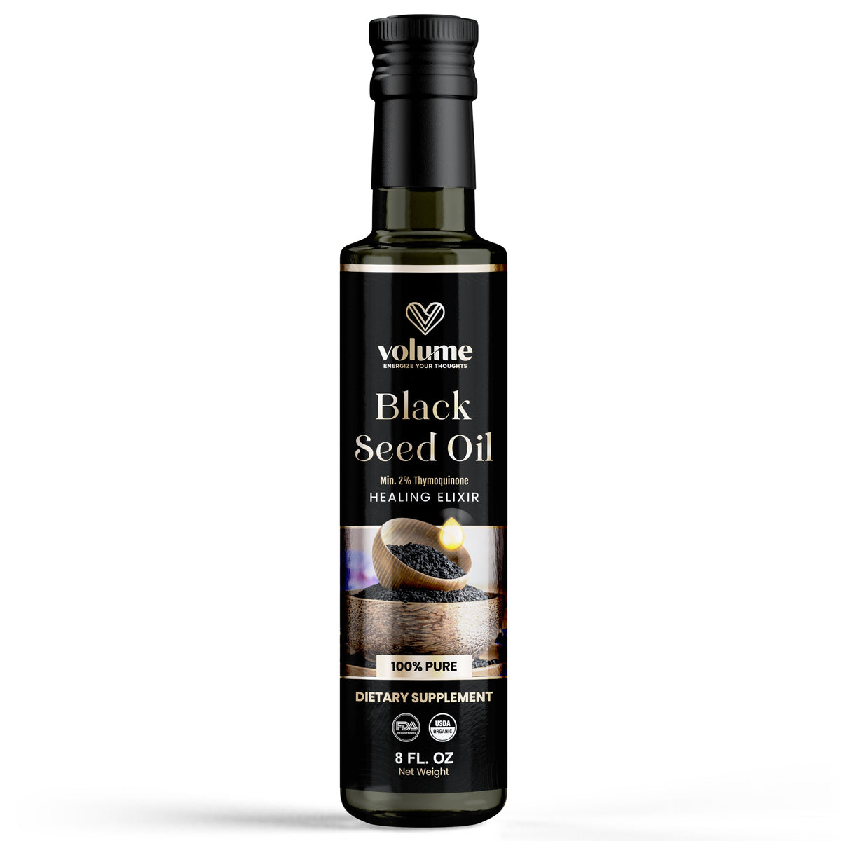 Volume black seed oil bottle, front view