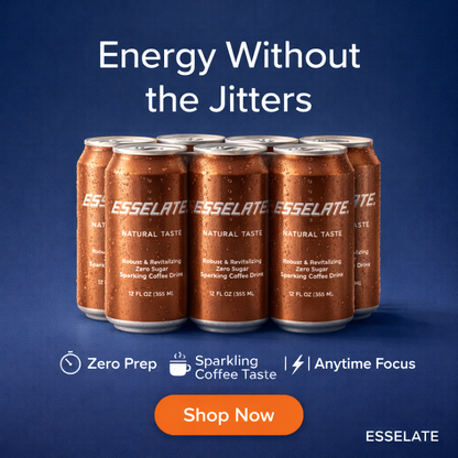 Cans of Esselate on a blue background with promotional text.