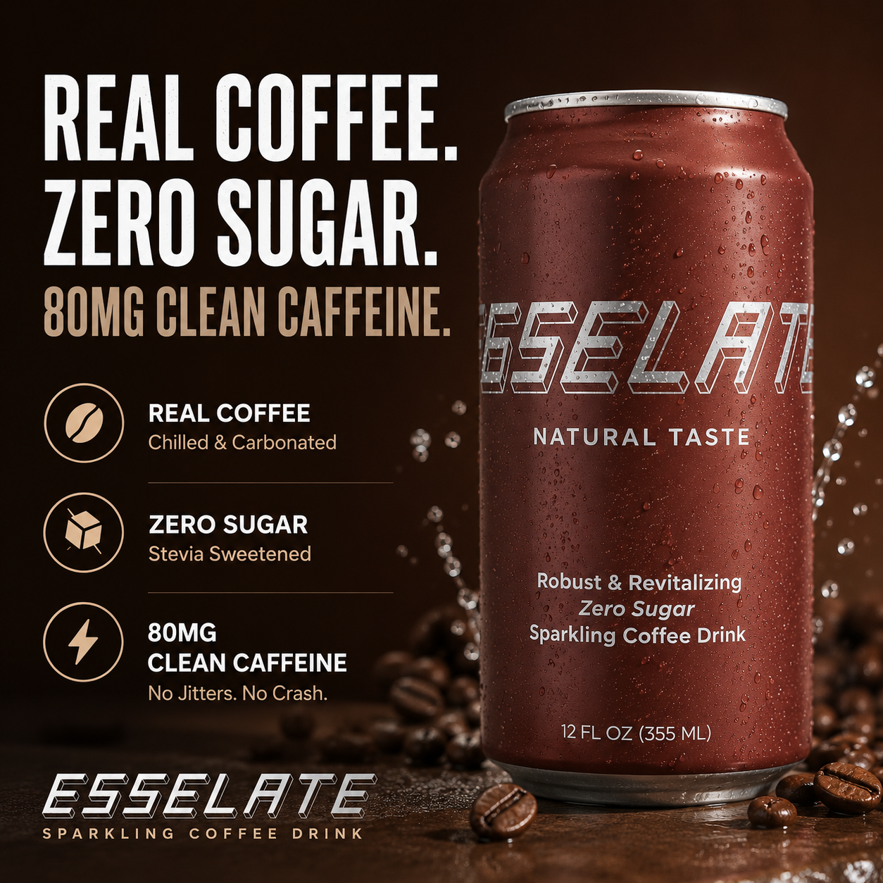 ESSELATE™ Sparkling Coffee Drink — Real Coffee, Smooth, Zero Sugar, 80mg Clean Caffeine