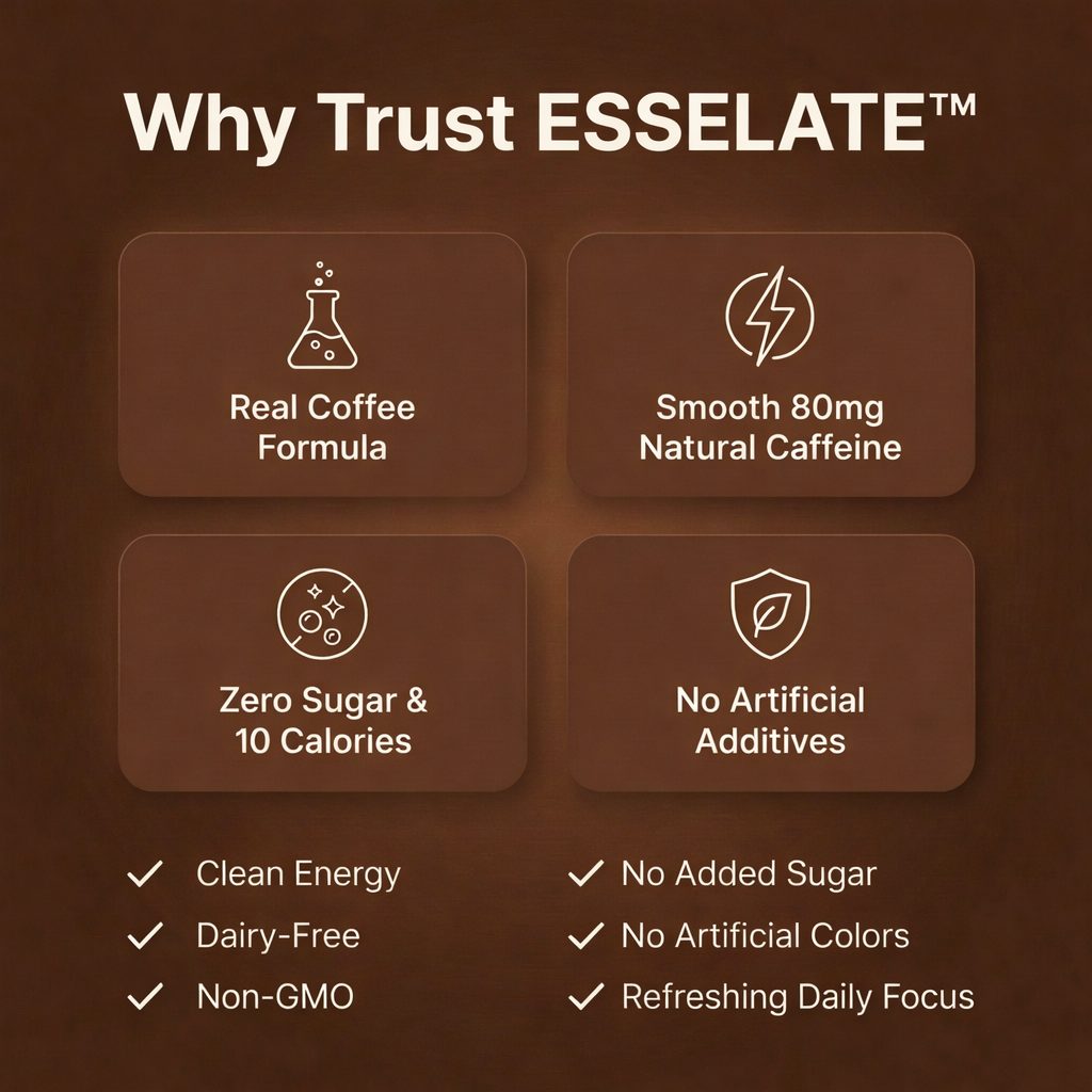 Promotional graphic for ESSELATE with features listed on a brown background