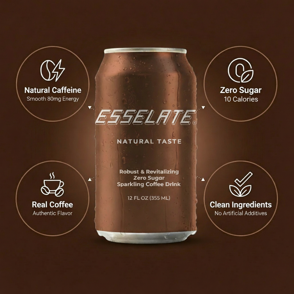 ESSELATE zero-sugar sparkling coffee drink — real coffee, smooth and low-acid, with 80mg clean caffeine in a 12 oz can