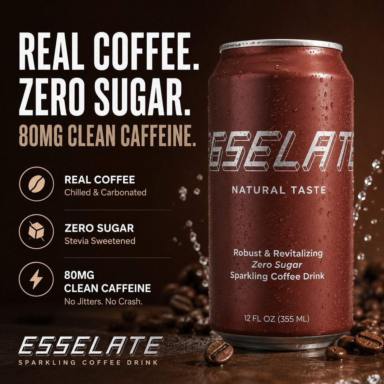 ESSELATE specs: real coffee, zero sugar, 80mg clean caffeine