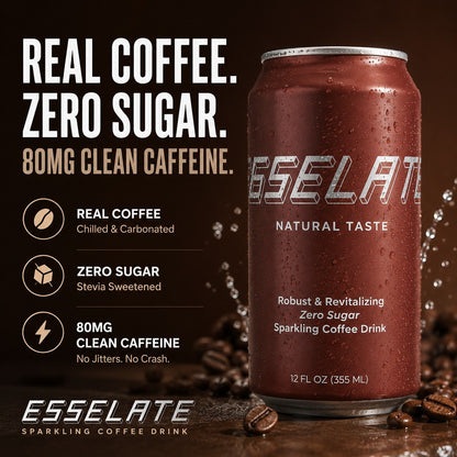 ESSELATE specs: real coffee, zero sugar, 80mg clean caffeine