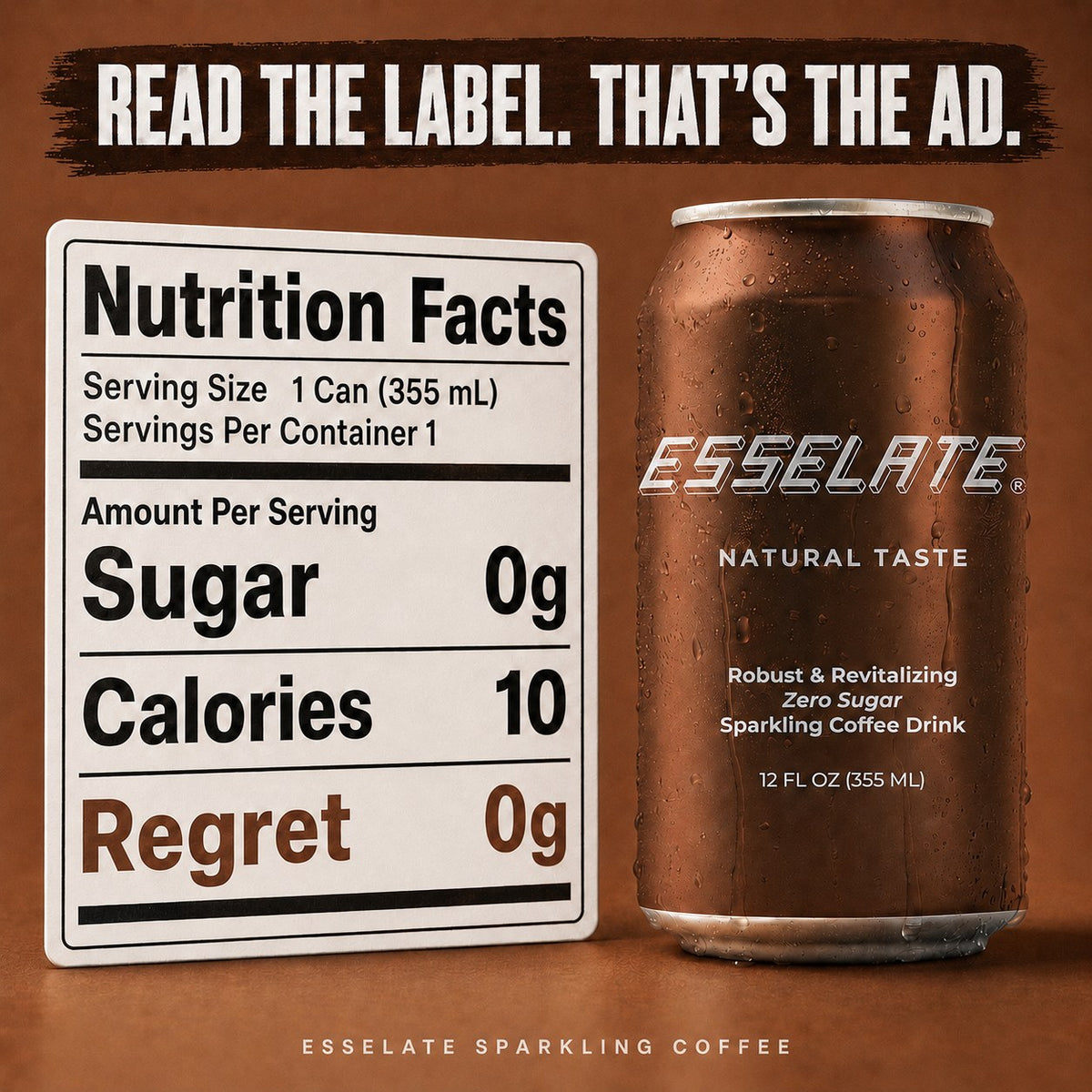 ESSELATE nutrition label: 0g sugar, 10 calories