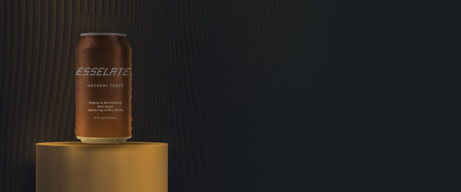 ESSELATE sparkling coffee can on a gold pedestal against a dark fluted backdrop