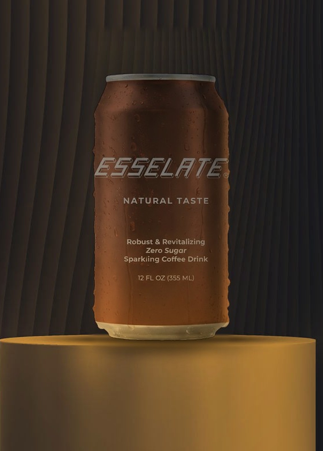 ESSELATE sparkling coffee can on a gold pedestal