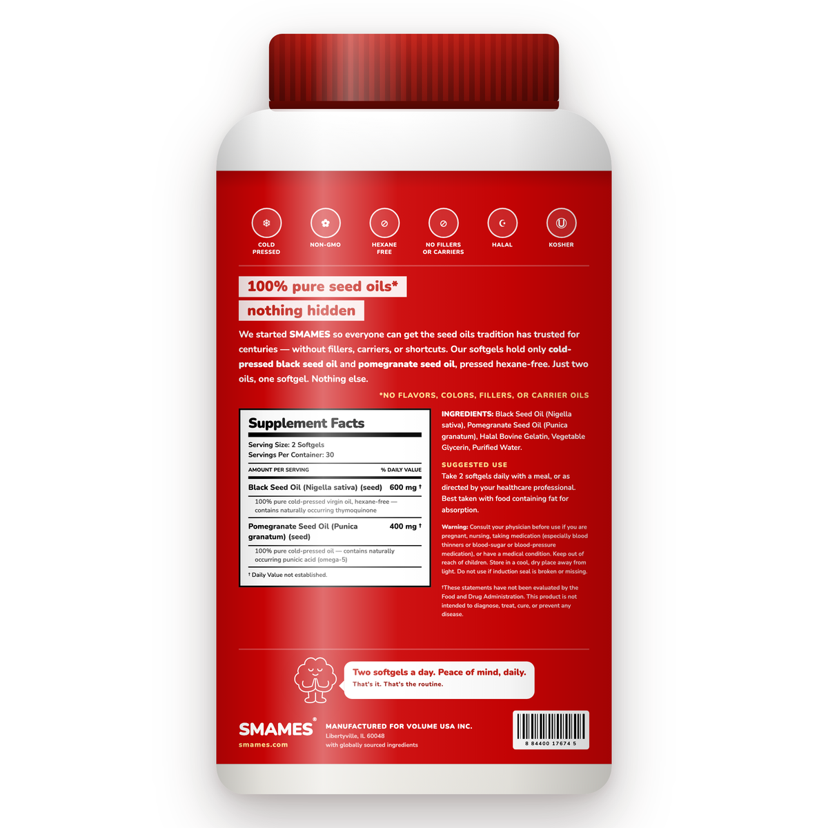 SMAMES softgels, supplement facts and ingredients panel