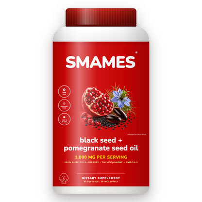 SMAMES Black Seed + Pomegranate Seed Oil Softgels bottle, front label