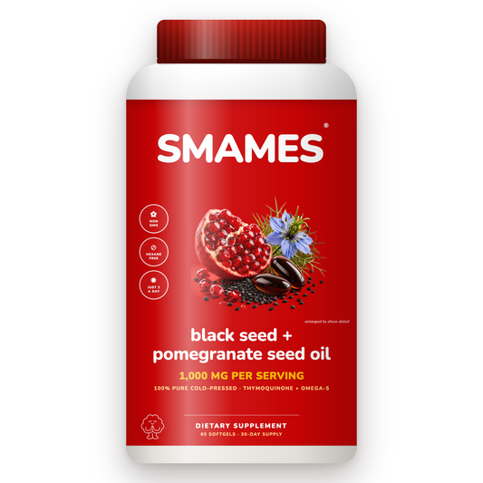 SMAMES Black Seed + Pomegranate Seed Oil Softgels bottle, front label