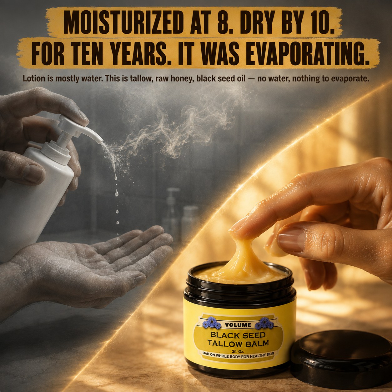 Lotion is mostly water; tallow balm does not evaporate