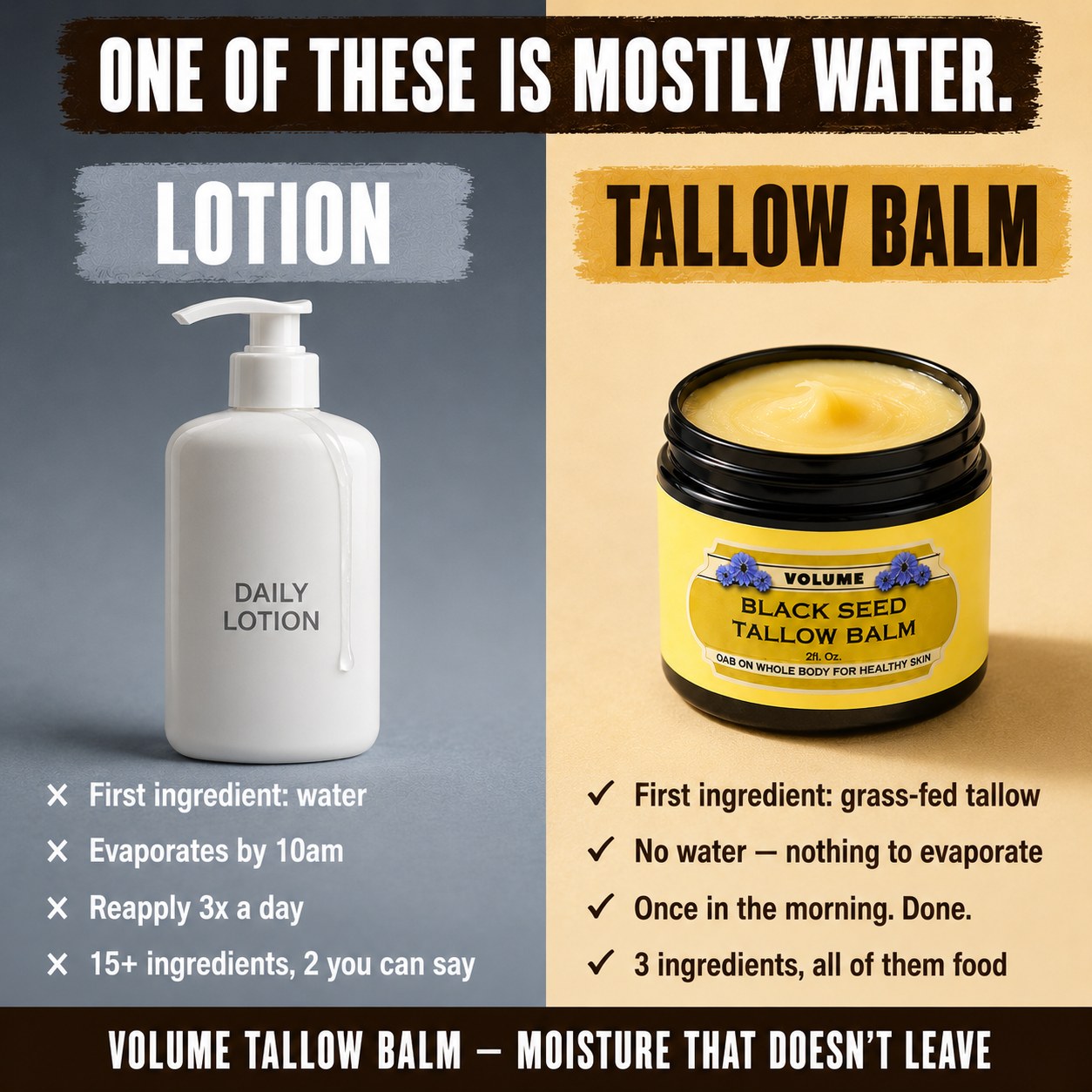 Lotion versus Black Seed Tallow Balm ingredients