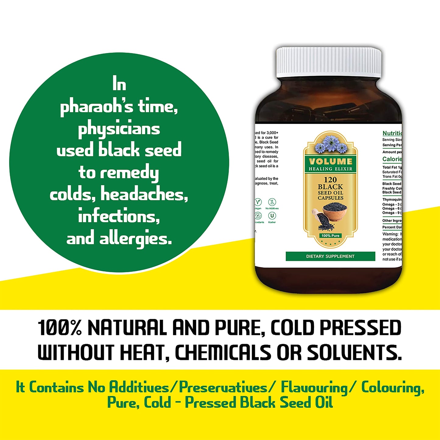 120 Vegetarian Black Seed Oil Capsules From Nigella Sativa Seeds - 500mg Each, 1000mg Per Serving - Volume